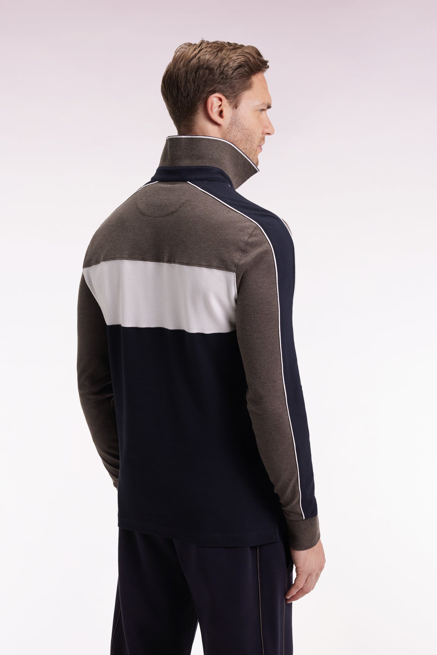 Three-tone long-sleeved polo shirt in brown stretch cotton, slim fit