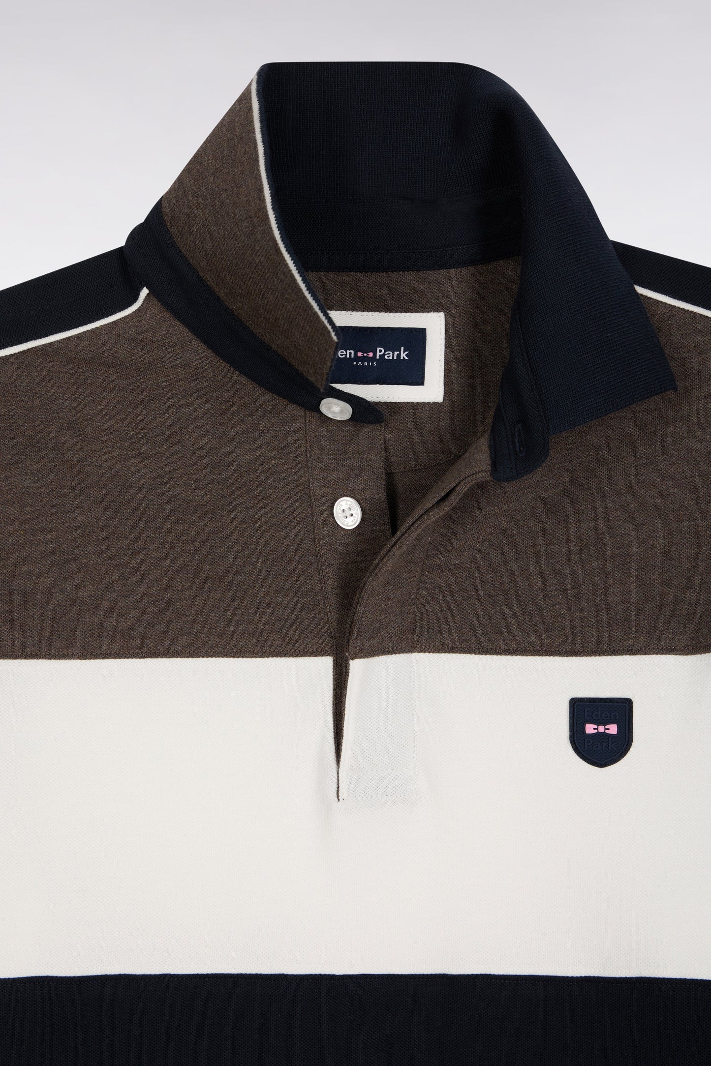 Three-tone long-sleeved polo shirt in brown stretch cotton, slim fit
