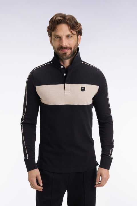 Polo tricolore à manches longues en coton stretch noir coupe slim - Image 1