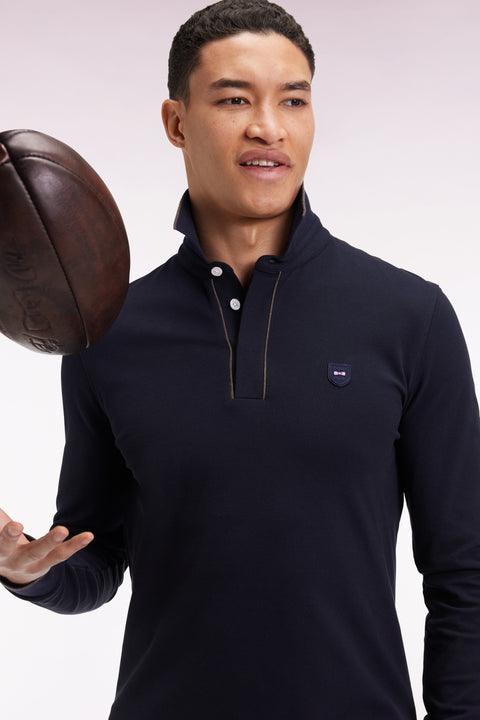 Long-sleeved polo shirt in navy stretch cotton with piping, slim fit - Image 1