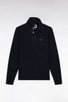 Long-sleeved polo shirt in navy stretch cotton with piping, slim fit
