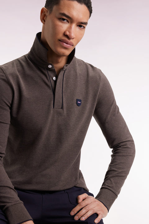 Long-sleeved polo shirt in brown stretch cotton with piping, slim fit - Image 1