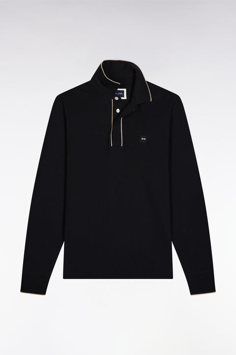 Polo à manches longues en coton stretch noir passepoilé coupe slim - Image 2