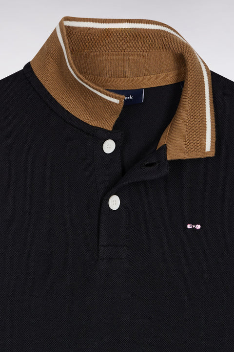 Long-sleeved polo shirt in black cotton piqué with camel trim - Image 2