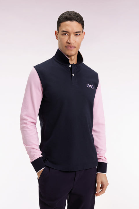 Two-tone navy and pink long-sleeved polo with bow tie - Image 3
