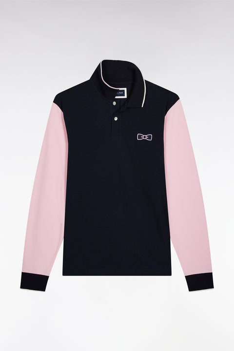 Two-tone navy and pink long-sleeved polo with bow tie - Image 2