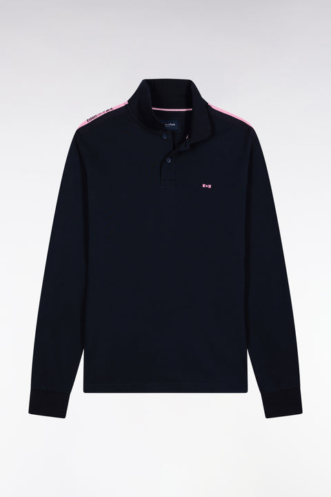 Long-sleeved polo shirt in navy cotton piqué with pink ribbon logo - Image 2