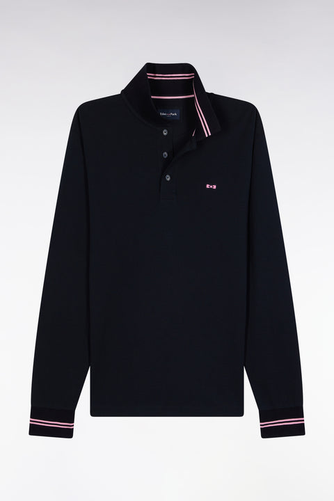 Long-sleeved polo shirt in navy cotton piqué with striped collar. - Image 2