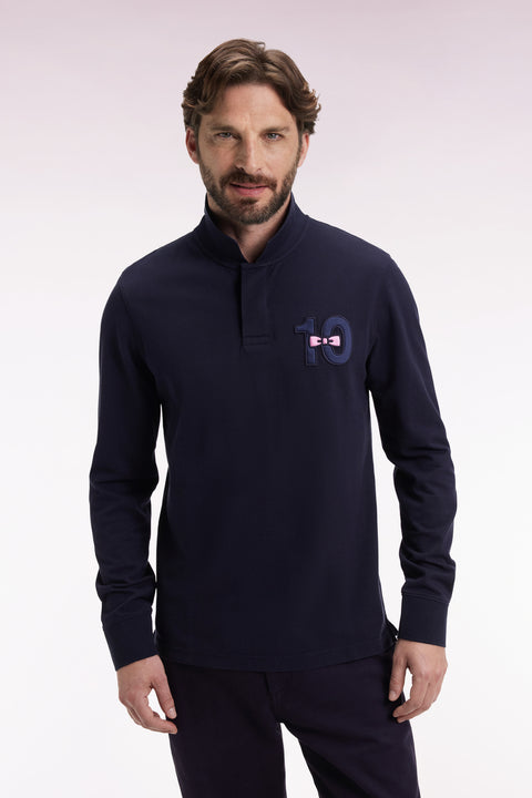 Navy cotton piqué long-sleeve polo with 10" embroidery - Image 3