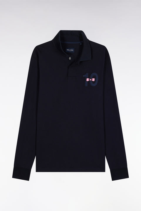 Navy cotton piqué long-sleeve polo with 10" embroidery - Image 2