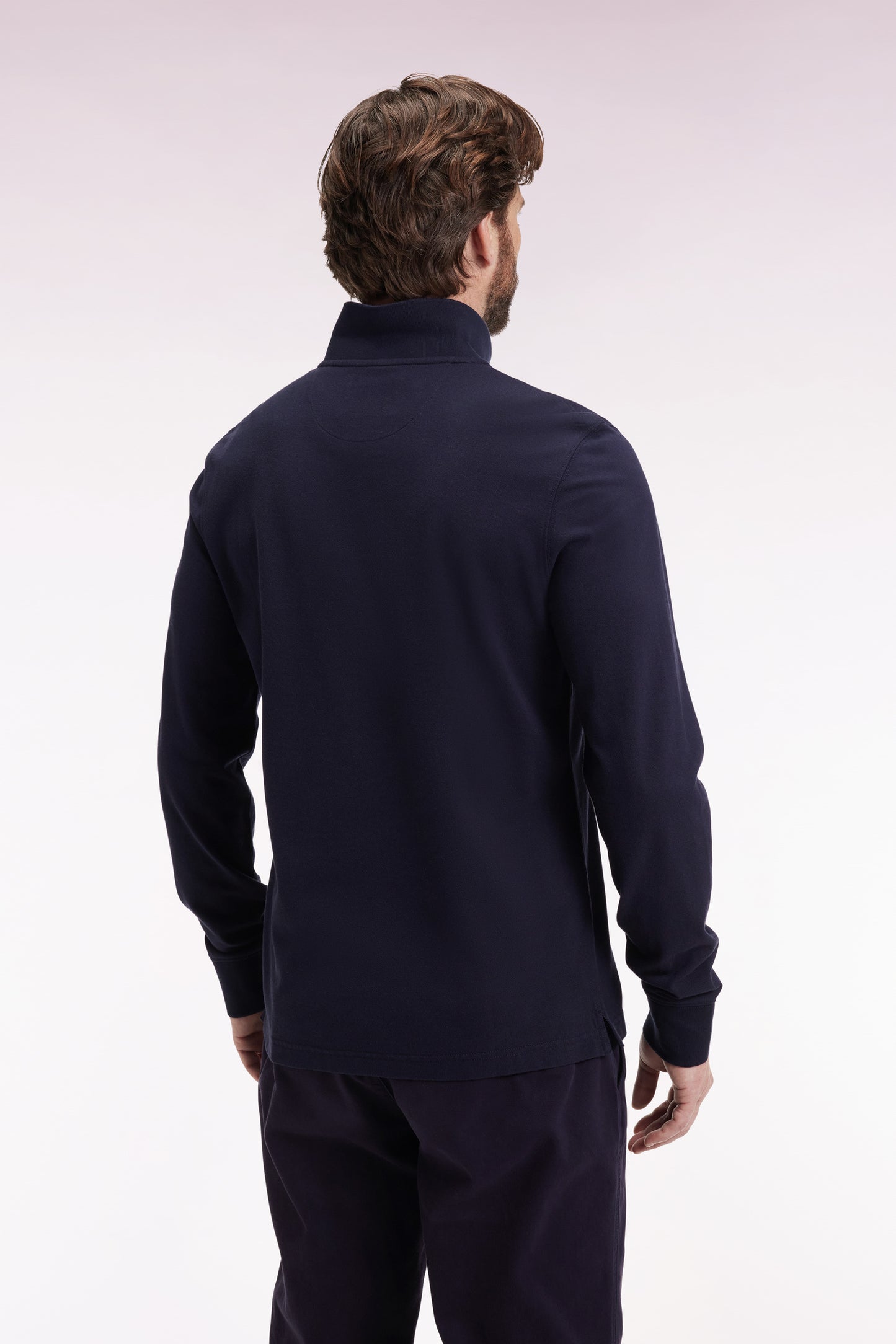 Navy cotton piqué long-sleeve polo with 10" embroidery