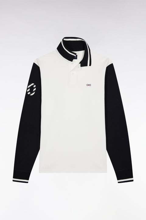 Long-sleeved polo shirt in two-tone cotton piqué, white, embroidered 10 - Image 2