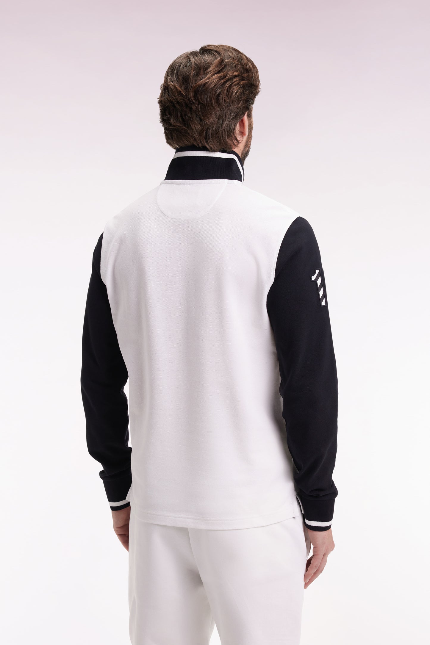 Long-sleeved polo shirt in two-tone cotton piqué, white, embroidered 10