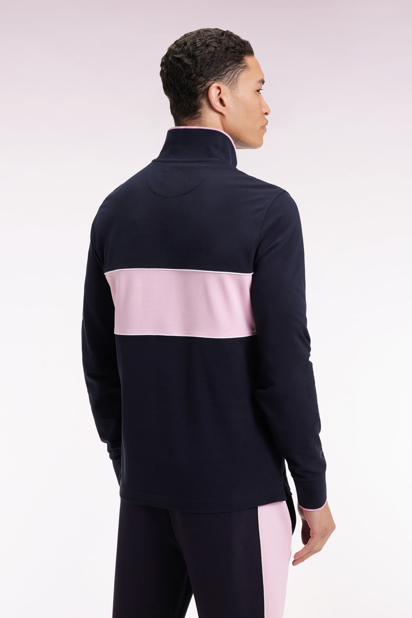 Long-sleeved polo shirt in pink stripe navy cotton piqué