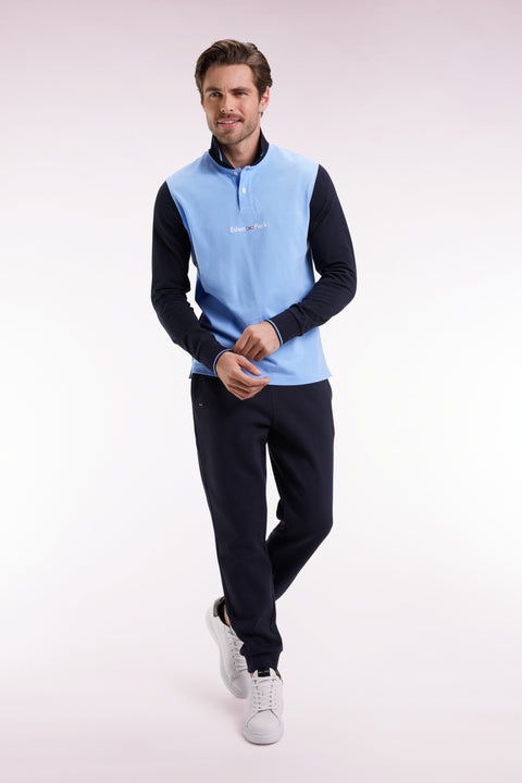 Long-sleeved polo shirt in two-tone cotton piqué with sky blue Eden Park logo - Image 1