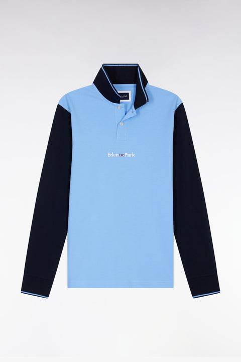 Long-sleeved polo shirt in two-tone cotton piqué with sky blue Eden Park logo - Image 2