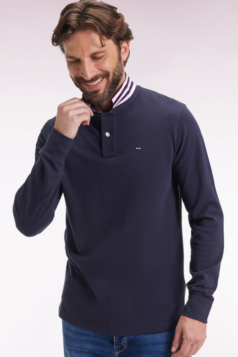 Long-sleeved polo shirt in navy cotton piqué with striped collar. - Image 1