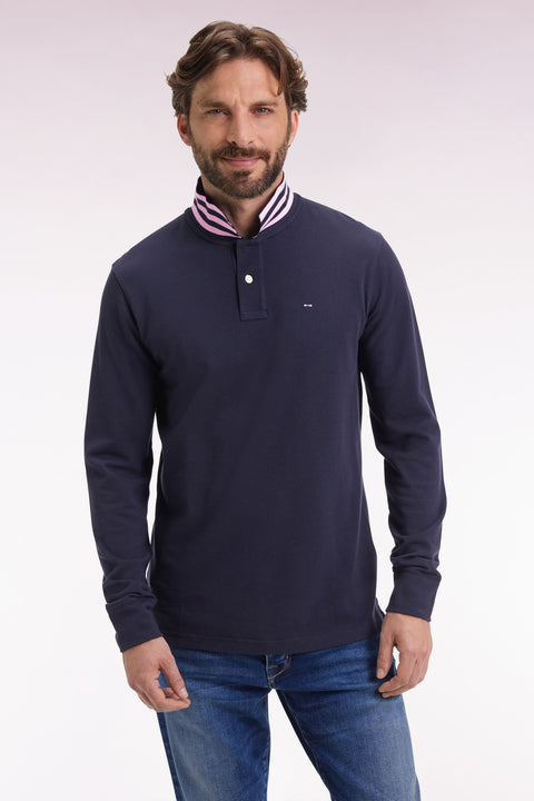 Long-sleeved polo shirt in navy cotton piqué with striped collar. - Image 3