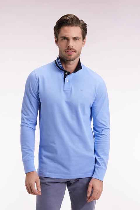 Long-sleeved polo shirt in sky cotton piqué with striped collar. - Image 3