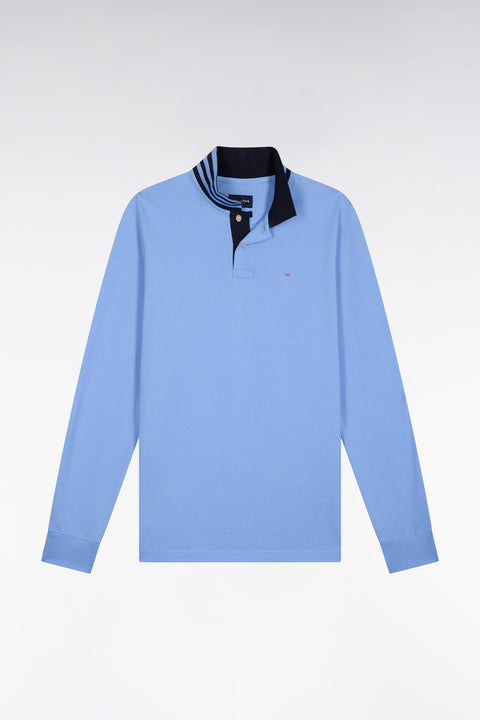 Long-sleeved polo shirt in sky cotton piqué with striped collar. - Image 2