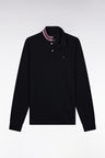 Long-sleeved polo shirt in black cotton piqué with striped collar.