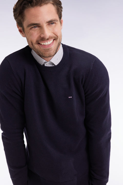 Navy wool and cotton round-neck sweater - Image 1