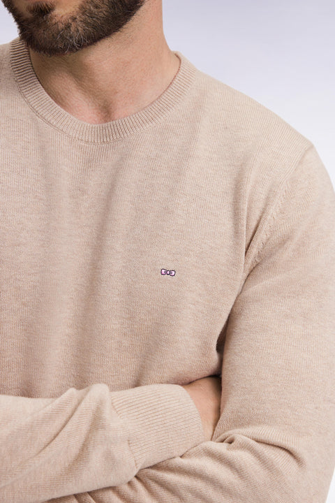 Round-neck sweater in beige wool and cotton - Image 3