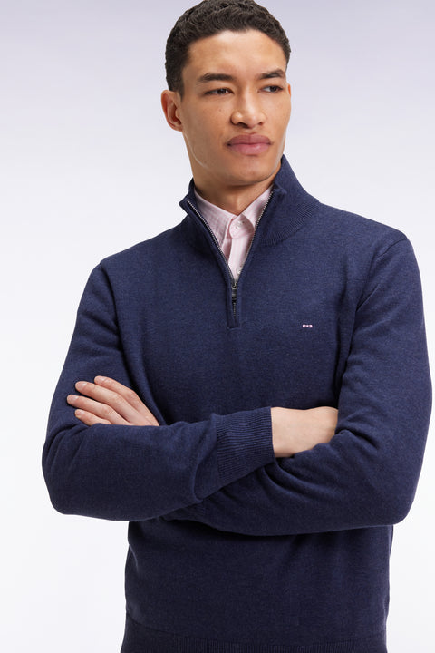 Blue wool and cotton trucker-neck sweater - Image 1