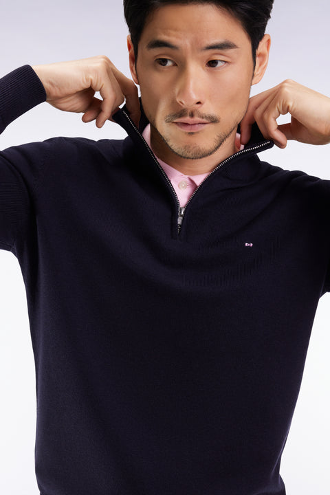 Dark blue wool and cotton trucker-neck sweater - Image 1