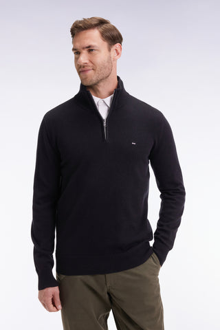 Black wool and cotton trucker-neck sweater