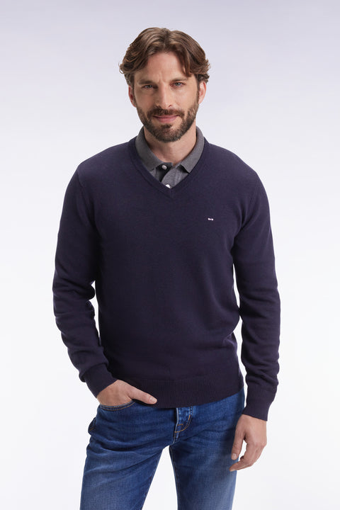 Dark blue wool and cotton V-neck sweater - Image 3