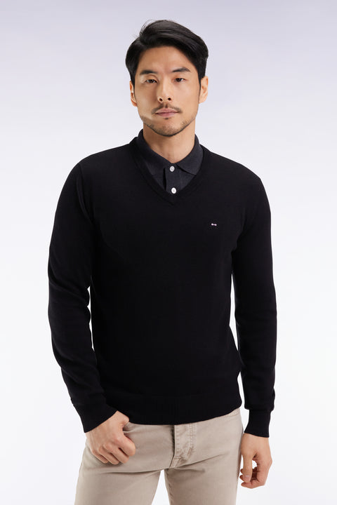 Black wool and cotton V-neck sweater - Image 1