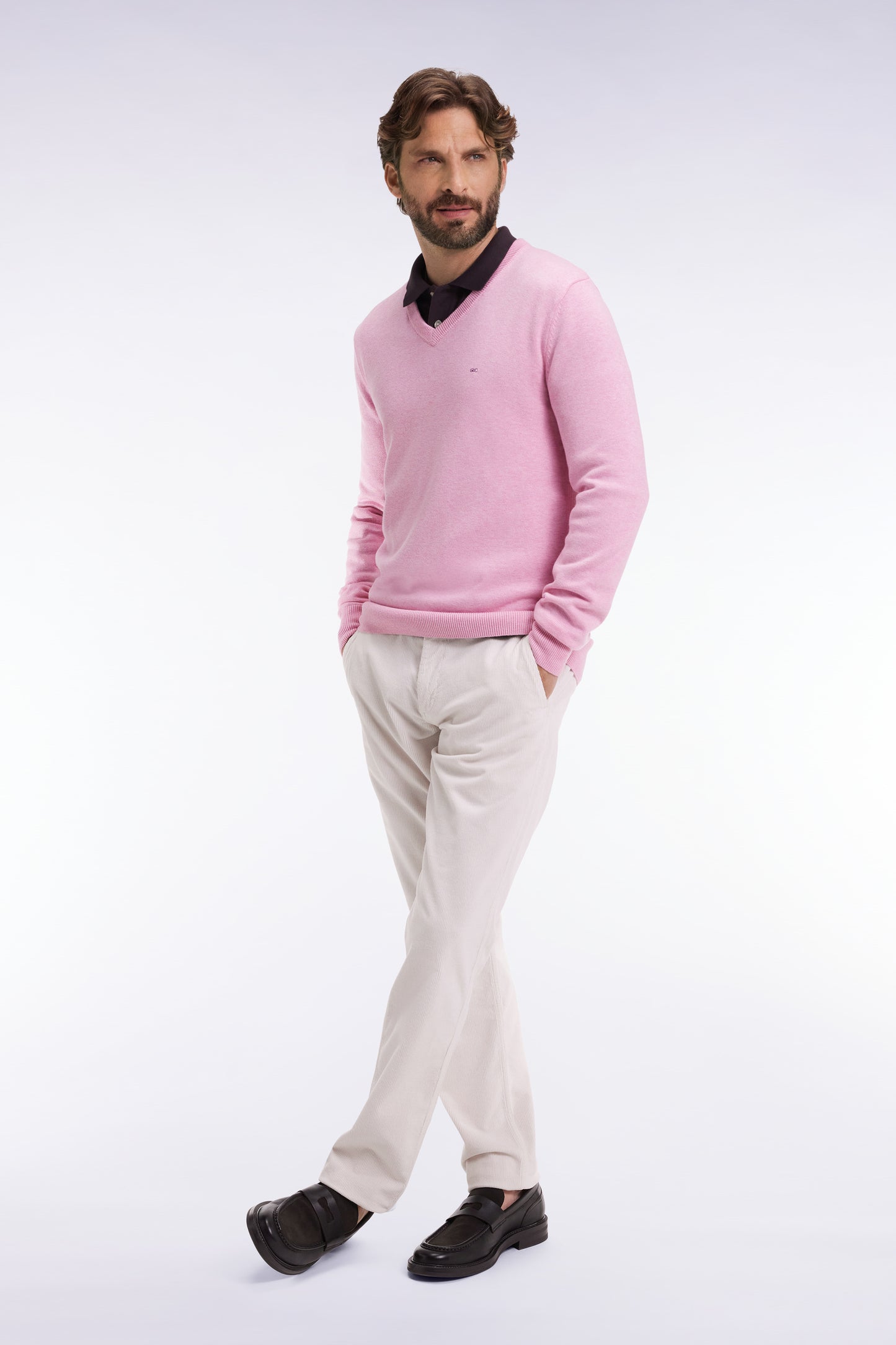 Pink wool and cotton V-neck sweater