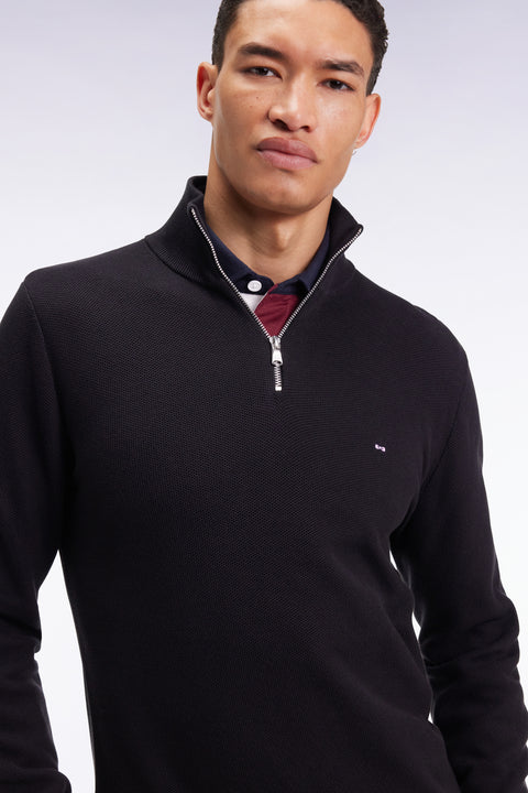 Black cotton honeycomb trucker-neck sweater - Image 1