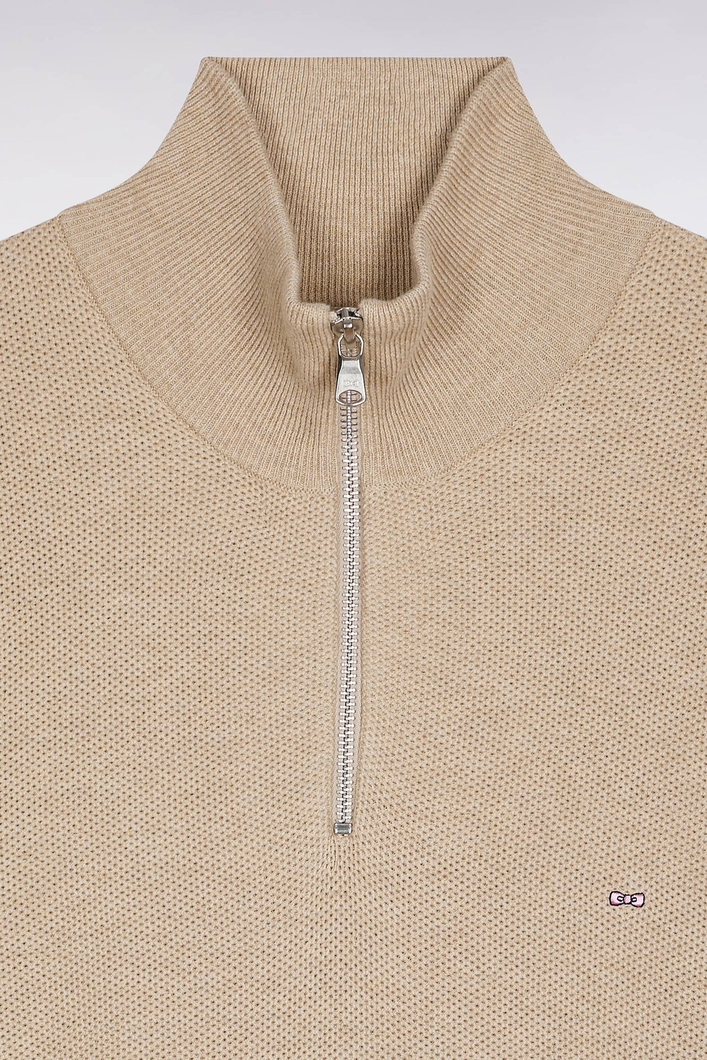 Beige cotton honeycomb trucker-neck sweater