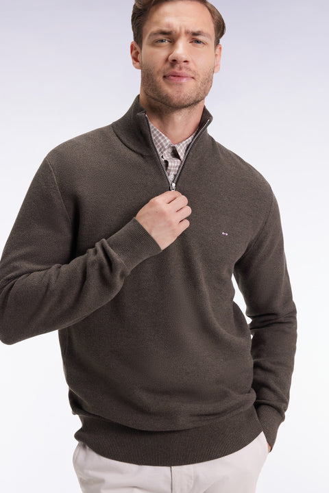 Brown cotton honeycomb trucker-neck sweater - Image 1