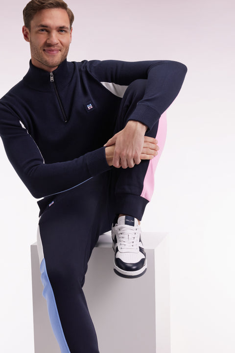 Truck-neck sweater in black cotton with contrasting grey sleeves - Image 1