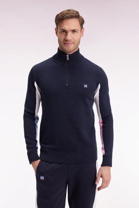 Truck-neck sweater in black cotton with contrasting grey sleeves - Image 3