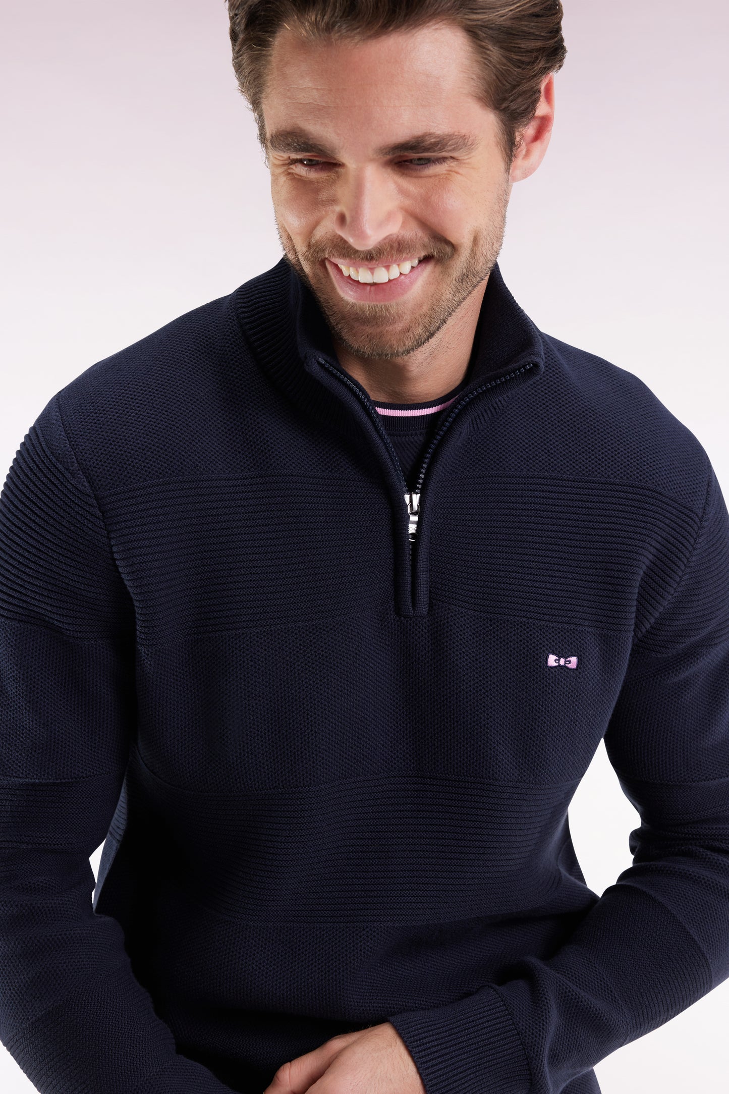Navy cotton trucker-neck sweater with stripe effect