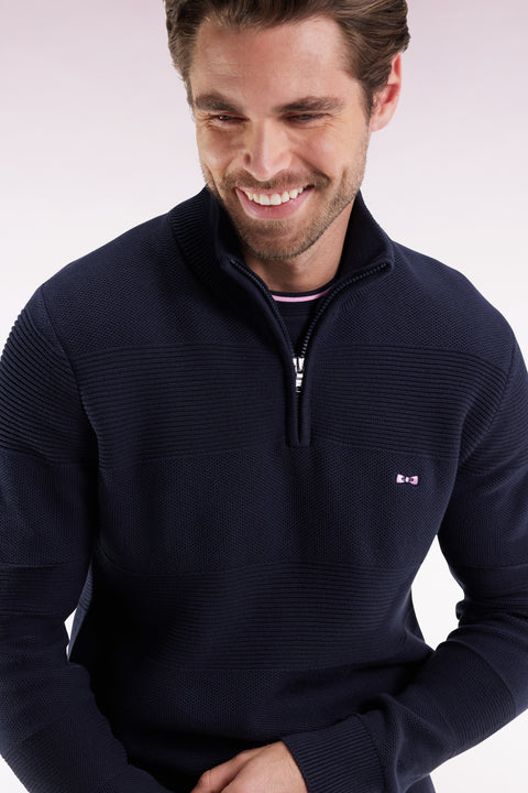 Navy cotton trucker-neck sweater with stripe effect - Image 1