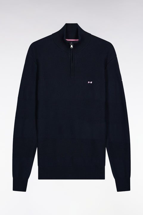 Navy cotton trucker-neck sweater with stripe effect - Image 2