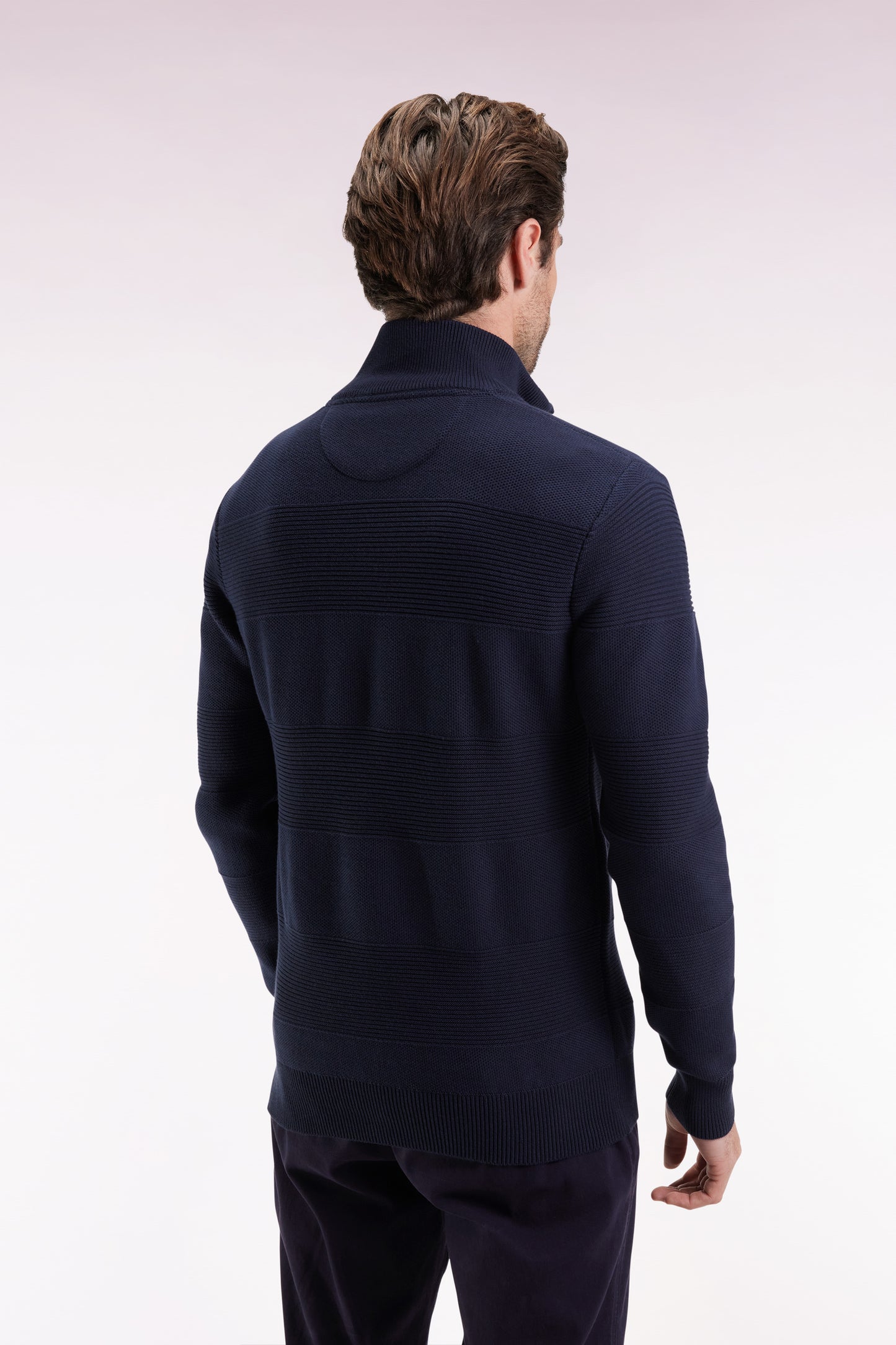 Navy cotton trucker-neck sweater with stripe effect