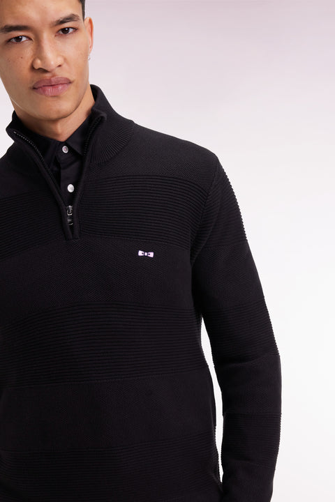 Black cotton trucker-neck sweater with stripe effect - Image 1