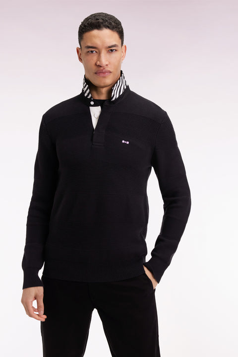 Black cotton jersey-neck sweater with stripe effect - Image 3