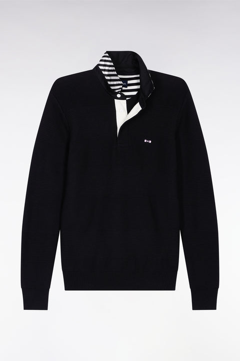 Black cotton jersey-neck sweater with stripe effect - Image 2