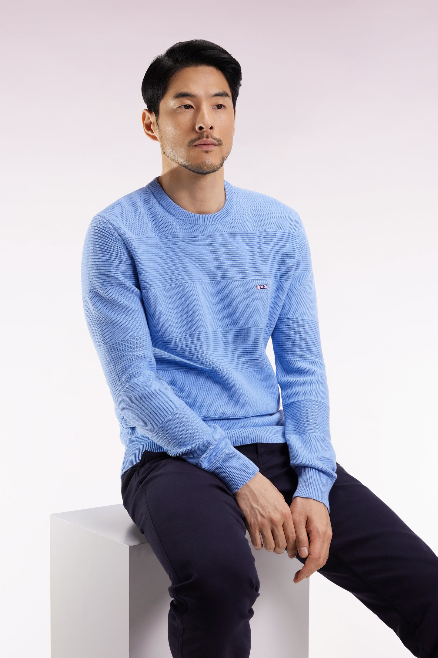 Sky cotton round-neck sweater with stripe effect