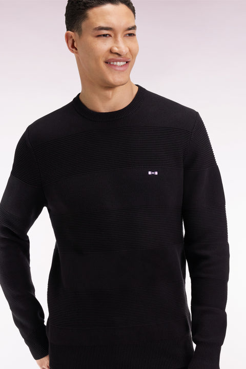 Black cotton round-neck sweater with stripe effect - Image 1