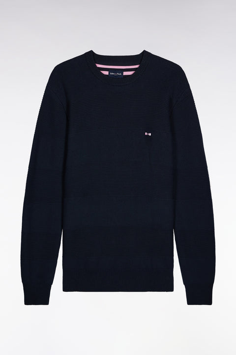 Navy cotton round-neck sweater with stripe effect - Image 2