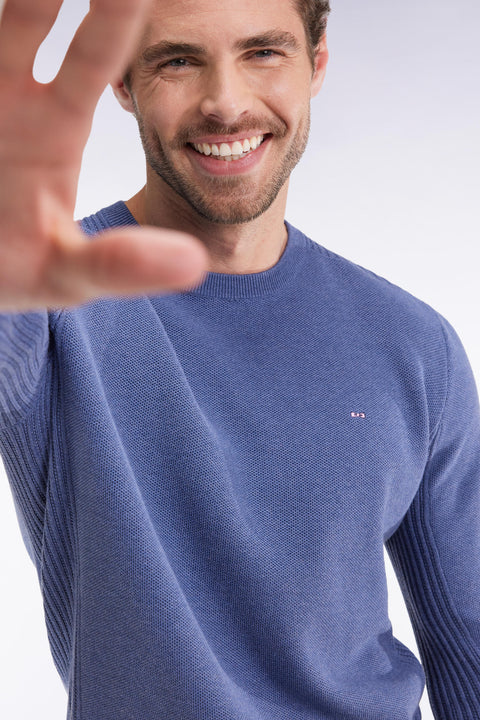 Blue cotton honeycomb round-neck sweater - Image 1