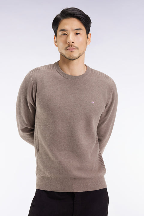 Brown cotton honeycomb round-neck sweater - Image 3